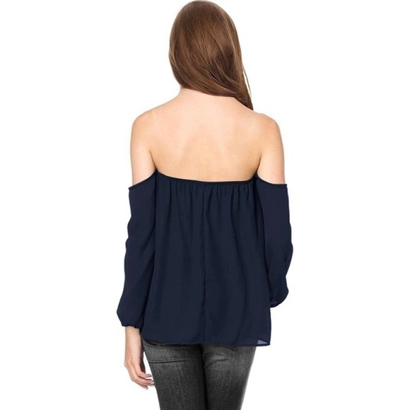 SIMLU navy Strapless Loose Off Shoulder Long Sleeve Chiffon Shirt Blouse Top - Picture 2 of 7